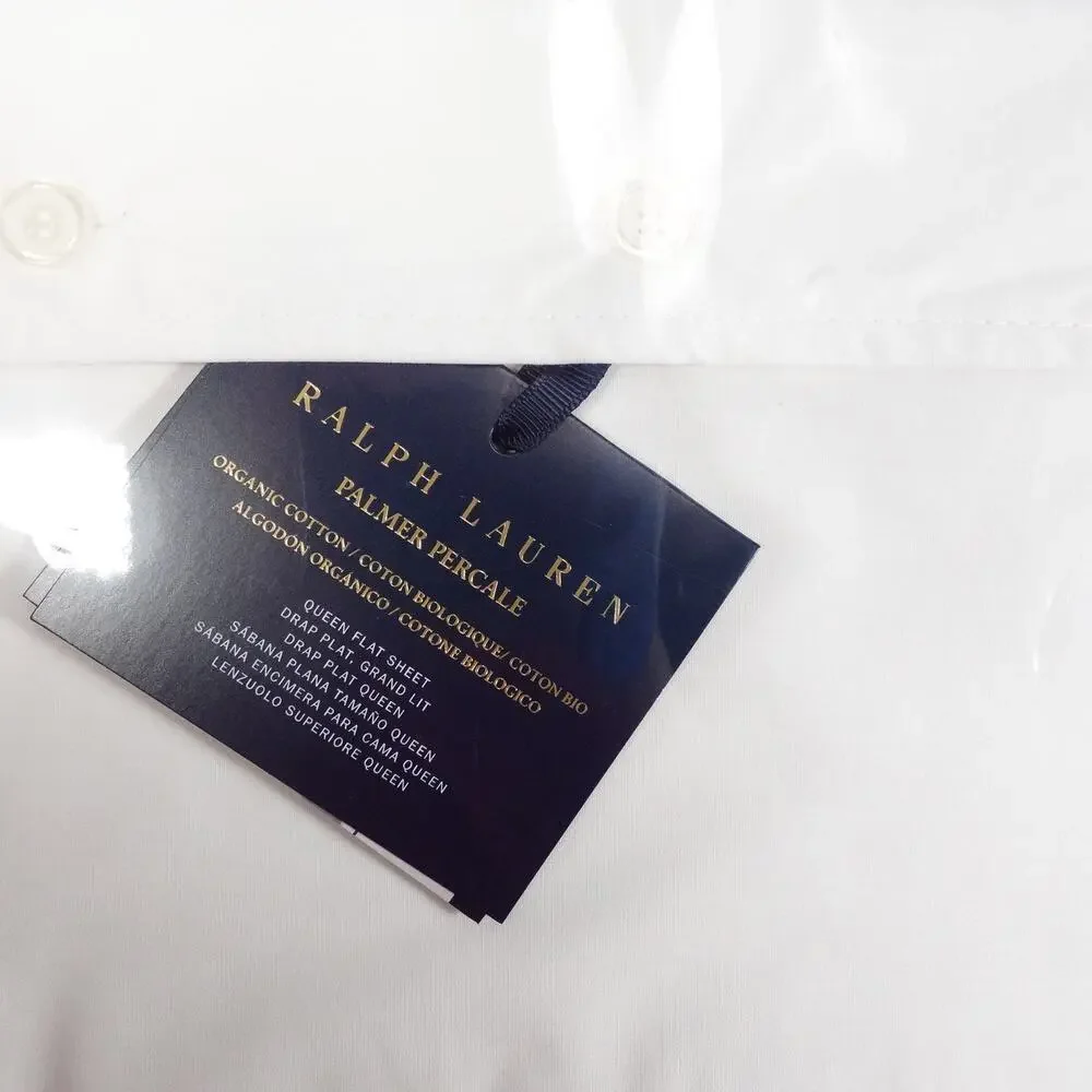 New Ralph Lauren Organic Cotton Percale Palmer Queen Flat Sheet White/Sky Blue